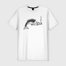 Мужская футболка хлопок Slim с принтом Рыбка на крючке в Екатеринбурге, 92% хлопок, 8% лайкра | приталенный силуэт, круглый вырез ворота, длина до линии бедра, короткий рукав | 
