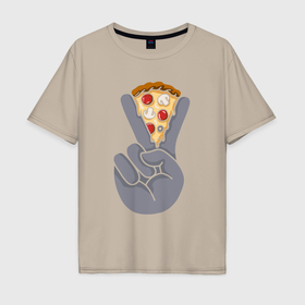 Мужская футболка хлопок Oversize с принтом Pizza peace в Новосибирске, 100% хлопок | свободный крой, круглый ворот, “спинка” длиннее передней части | Тематика изображения на принте: 