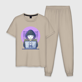 Мужская пижама хлопок с принтом Хакер анонимус в Рязани, 100% хлопок | брюки и футболка прямого кроя, без карманов, на брюках мягкая резинка на поясе и по низу штанин
 | 