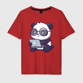 Мужская футболка хлопок Oversize с принтом Панда в очках с ноутом в Белгороде, 100% хлопок | свободный крой, круглый ворот, “спинка” длиннее передней части | Тематика изображения на принте: 