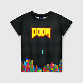 Детская футболка 3D с принтом Doom x tetrix коллабарация в Кировске, 100% гипоаллергенный полиэфир | прямой крой, круглый вырез горловины, длина до линии бедер, чуть спущенное плечо, ткань немного тянется | Тематика изображения на принте: 