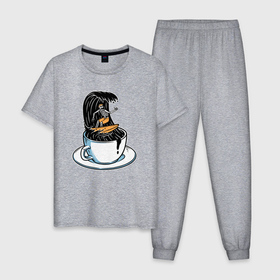 Мужская пижама хлопок с принтом Кофейный серфер в Новосибирске, 100% хлопок | брюки и футболка прямого кроя, без карманов, на брюках мягкая резинка на поясе и по низу штанин
 | 