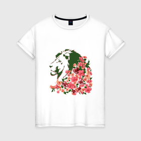 Женская футболка хлопок с принтом Лев цветы букет в Екатеринбурге, 100% хлопок | прямой крой, круглый вырез горловины, длина до линии бедер, слегка спущенное плечо | 