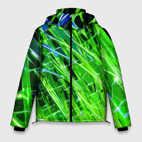 Мужская зимняя куртка 3D с принтом Зелёные энергетические линии в Курске, верх — 100% полиэстер; подкладка — 100% полиэстер; утеплитель — 100% полиэстер | длина ниже бедра, свободный силуэт Оверсайз. Есть воротник-стойка, отстегивающийся капюшон и ветрозащитная планка. 

Боковые карманы с листочкой на кнопках и внутренний карман на молнии. | 