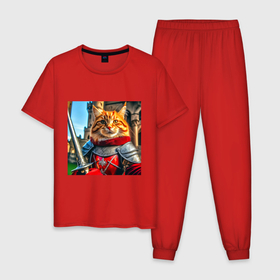 Мужская пижама хлопок с принтом Рыжий кот рыцарь с мечом в Петрозаводске, 100% хлопок | брюки и футболка прямого кроя, без карманов, на брюках мягкая резинка на поясе и по низу штанин
 | Тематика изображения на принте: 
