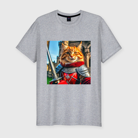 Мужская футболка хлопок Slim с принтом Рыжий кот рыцарь с мечом в Петрозаводске, 92% хлопок, 8% лайкра | приталенный силуэт, круглый вырез ворота, длина до линии бедра, короткий рукав | Тематика изображения на принте: 
