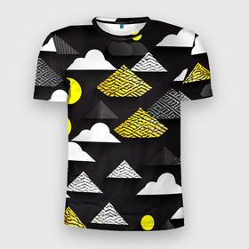 Мужская футболка 3D Slim с принтом Минимализм в облаках в Санкт-Петербурге, 100% полиэстер с улучшенными характеристиками | приталенный силуэт, круглая горловина, широкие плечи, сужается к линии бедра | 