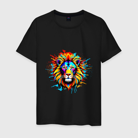 Мужская футболка хлопок с принтом Красочный нрав льва в Белгороде, 100% хлопок | прямой крой, круглый вырез горловины, длина до линии бедер, слегка спущенное плечо. | 