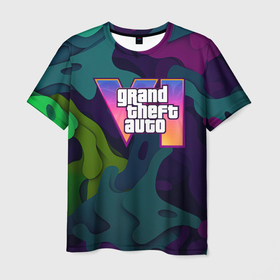 Мужская футболка 3D с принтом GTA 6 logo яркий  неоновый  камуфляжный  стиль в Кировске, 100% полиэфир | прямой крой, круглый вырез горловины, длина до линии бедер | 