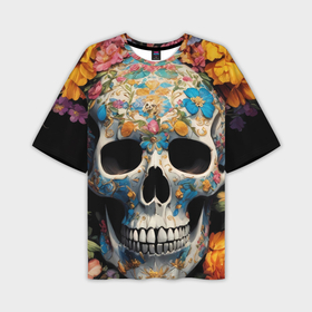 Мужская футболка oversize 3D с принтом Bright flowers and skull в Екатеринбурге,  |  | Тематика изображения на принте: 