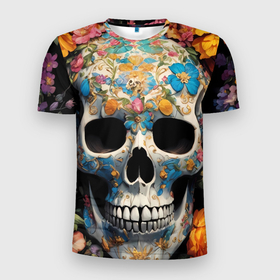 Мужская футболка 3D Slim с принтом Bright flowers and skull в Санкт-Петербурге, 100% полиэстер с улучшенными характеристиками | приталенный силуэт, круглая горловина, широкие плечи, сужается к линии бедра | 