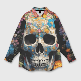 Мужская рубашка oversize 3D с принтом Bright flowers and skull в Белгороде,  |  | 