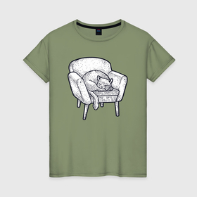Женская футболка хлопок с принтом Спящая кошечка в кресле в Кировске, 100% хлопок | прямой крой, круглый вырез горловины, длина до линии бедер, слегка спущенное плечо | 