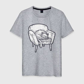 Мужская футболка хлопок с принтом Спящая кошечка в кресле в Тюмени, 100% хлопок | прямой крой, круглый вырез горловины, длина до линии бедер, слегка спущенное плечо. | 