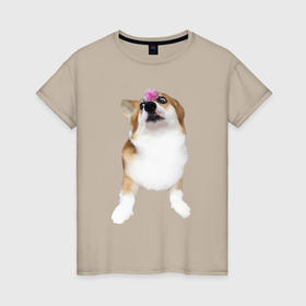 Женская футболка хлопок с принтом Взрослая собака корги в Курске, 100% хлопок | прямой крой, круглый вырез горловины, длина до линии бедер, слегка спущенное плечо | 