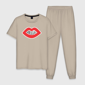 Мужская пижама хлопок с принтом Hello lips , 100% хлопок | брюки и футболка прямого кроя, без карманов, на брюках мягкая резинка на поясе и по низу штанин
 | 