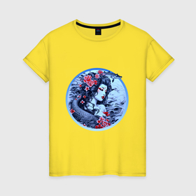 Женская футболка хлопок с принтом Девушка ирезуми в Курске, 100% хлопок | прямой крой, круглый вырез горловины, длина до линии бедер, слегка спущенное плечо | 