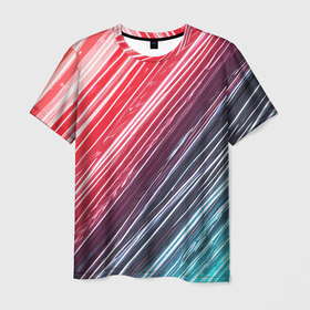 Мужская футболка 3D с принтом Белые линии на синем и красном в Петрозаводске, 100% полиэфир | прямой крой, круглый вырез горловины, длина до линии бедер | 