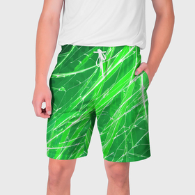 Мужские шорты 3D с принтом Белые линии на зелёном фоне в Кировске,  полиэстер 100% | прямой крой, два кармана без застежек по бокам. Мягкая трикотажная резинка на поясе, внутри которой широкие завязки. Длина чуть выше колен | 