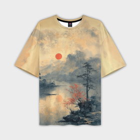 Мужская футболка oversize 3D с принтом Солнце над озером ,  |  | 