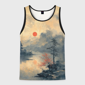 Мужская майка 3D с принтом Солнце над озером в городе Новоалтайск, 100% полиэстер | круглая горловина, приталенный силуэт, длина до линии бедра. Пройма и горловина окантованы тонкой бейкой | Тематика изображения на принте: 