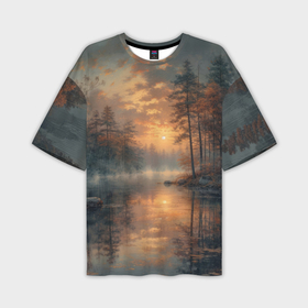 Мужская футболка oversize 3D с принтом Лесная река на закате в Белгороде,  |  | Тематика изображения на принте: 