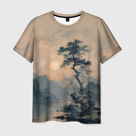 Мужская футболка 3D с принтом Дерево на камне у озера , 100% полиэфир | прямой крой, круглый вырез горловины, длина до линии бедер | 