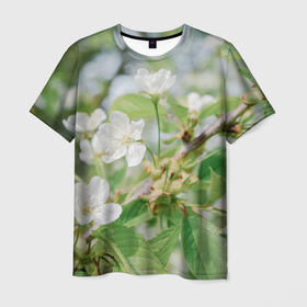 Мужская футболка 3D с принтом Цветущая ветка вишни, фото в Курске, 100% полиэфир | прямой крой, круглый вырез горловины, длина до линии бедер | Тематика изображения на принте: 