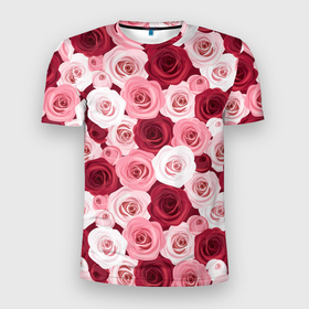 Мужская футболка 3D Slim с принтом Красные и розовые розы в Кировске, 100% полиэстер с улучшенными характеристиками | приталенный силуэт, круглая горловина, широкие плечи, сужается к линии бедра | 
