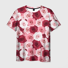 Мужская футболка 3D с принтом Красные и розовые розы в Тюмени, 100% полиэфир | прямой крой, круглый вырез горловины, длина до линии бедер | Тематика изображения на принте: 