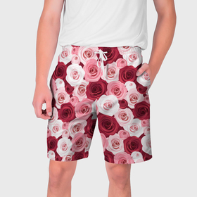 Мужские шорты 3D с принтом Красные и розовые розы в Новосибирске,  полиэстер 100% | прямой крой, два кармана без застежек по бокам. Мягкая трикотажная резинка на поясе, внутри которой широкие завязки. Длина чуть выше колен | Тематика изображения на принте: 