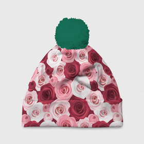 Шапка 3D c помпоном с принтом Красные и розовые розы в Тюмени, 100% полиэстер | универсальный размер, печать по всей поверхности изделия | Тематика изображения на принте: 
