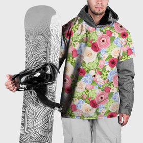 Накидка на куртку 3D с принтом Фон с розами, лютиками и гортензиями в Курске, 100% полиэстер |  | 