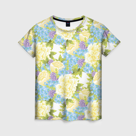 Женская футболка 3D с принтом Пышные цветы в Тюмени, 100% полиэфир ( синтетическое хлопкоподобное полотно) | прямой крой, круглый вырез горловины, длина до линии бедер | 