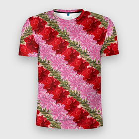 Мужская футболка 3D Slim с принтом Фон с лилиями и розами в Екатеринбурге, 100% полиэстер с улучшенными характеристиками | приталенный силуэт, круглая горловина, широкие плечи, сужается к линии бедра | Тематика изображения на принте: 