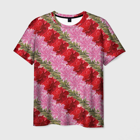 Мужская футболка 3D с принтом Фон с лилиями и розами в Екатеринбурге, 100% полиэфир | прямой крой, круглый вырез горловины, длина до линии бедер | Тематика изображения на принте: 