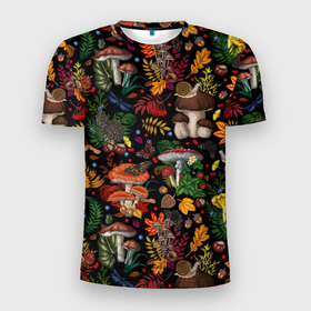 Мужская футболка 3D Slim с принтом Фон с лесными грибами в Санкт-Петербурге, 100% полиэстер с улучшенными характеристиками | приталенный силуэт, круглая горловина, широкие плечи, сужается к линии бедра | Тематика изображения на принте: 