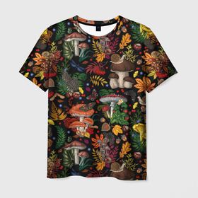 Мужская футболка 3D с принтом Фон с лесными грибами в Петрозаводске, 100% полиэфир | прямой крой, круглый вырез горловины, длина до линии бедер | Тематика изображения на принте: 