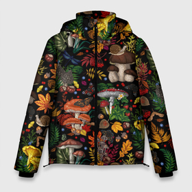 Мужская зимняя куртка 3D с принтом Фон с лесными грибами в Екатеринбурге, верх — 100% полиэстер; подкладка — 100% полиэстер; утеплитель — 100% полиэстер | длина ниже бедра, свободный силуэт Оверсайз. Есть воротник-стойка, отстегивающийся капюшон и ветрозащитная планка. 

Боковые карманы с листочкой на кнопках и внутренний карман на молнии. | 