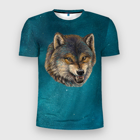 Мужская футболка 3D Slim с принтом Оскал волка в Екатеринбурге, 100% полиэстер с улучшенными характеристиками | приталенный силуэт, круглая горловина, широкие плечи, сужается к линии бедра | Тематика изображения на принте: 