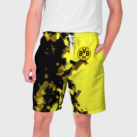 Мужские шорты 3D с принтом Borussia sport geometry yellow в Новосибирске,  полиэстер 100% | прямой крой, два кармана без застежек по бокам. Мягкая трикотажная резинка на поясе, внутри которой широкие завязки. Длина чуть выше колен | Тематика изображения на принте: 
