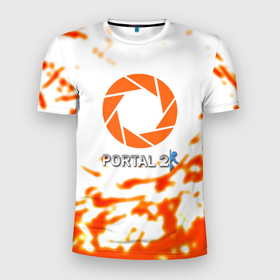 Мужская футболка 3D Slim с принтом Portal 2 orange box в Санкт-Петербурге, 100% полиэстер с улучшенными характеристиками | приталенный силуэт, круглая горловина, широкие плечи, сужается к линии бедра | 