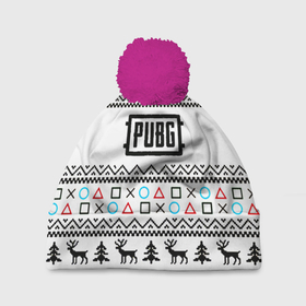 Шапка 3D c помпоном с принтом PUBG игровой свитер с оленями , 100% полиэстер | универсальный размер, печать по всей поверхности изделия | 