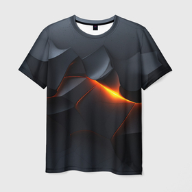 Мужская футболка 3D с принтом Яркая оранжевая полоса на чреной абстракции , 100% полиэфир | прямой крой, круглый вырез горловины, длина до линии бедер | 
