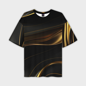 Мужская футболка oversize 3D с принтом Золотистые волны на черной абстракции в Новосибирске,  |  | 