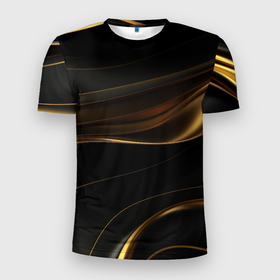 Мужская футболка 3D Slim с принтом Золотистые волны на черной абстракции в Новосибирске, 100% полиэстер с улучшенными характеристиками | приталенный силуэт, круглая горловина, широкие плечи, сужается к линии бедра | 
