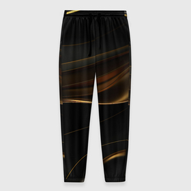 Мужские брюки 3D с принтом Золотистые волны на черной абстракции в Тюмени, 100% полиэстер | манжеты по низу, эластичный пояс регулируется шнурком, по бокам два кармана без застежек, внутренняя часть кармана из мелкой сетки | 