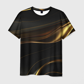 Мужская футболка 3D с принтом Золотистые волны на черной абстракции , 100% полиэфир | прямой крой, круглый вырез горловины, длина до линии бедер | 