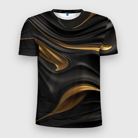 Мужская футболка 3D Slim с принтом Золотистые волны  на черной материи в Новосибирске, 100% полиэстер с улучшенными характеристиками | приталенный силуэт, круглая горловина, широкие плечи, сужается к линии бедра | 