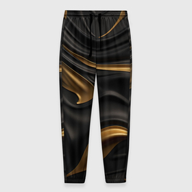 Мужские брюки 3D с принтом Золотистые волны  на черной материи в Тюмени, 100% полиэстер | манжеты по низу, эластичный пояс регулируется шнурком, по бокам два кармана без застежек, внутренняя часть кармана из мелкой сетки | 